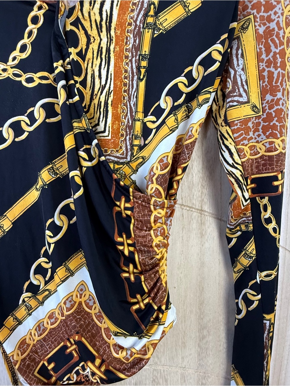 Timing Black and Gold Chain-Print Long Sleeve body suit